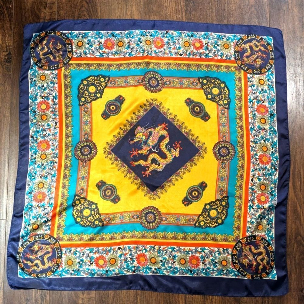 3/$30 EUC 34"x34" Chinese Dragon Blue Red and Gold Square Scarf